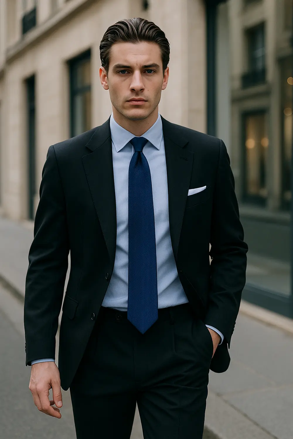 Stilvoller Mann im schwarzen Anzug mit hellblauem Hemd und dunkelblauer Zeek & Fletcher Krawatte in europäischer Innenstadt