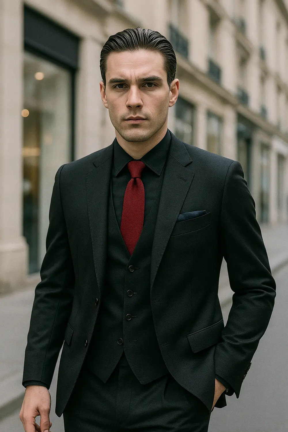 Schwarzer Anzug, schwarzes Hemd & weinrote Krawatte – City-Eleganz Mann im schwarzen Anzug und schwarzem Hemd mit weinroter Zeek & Fletcher Seidenkrawatte in eleganter europäischer Innenstadt