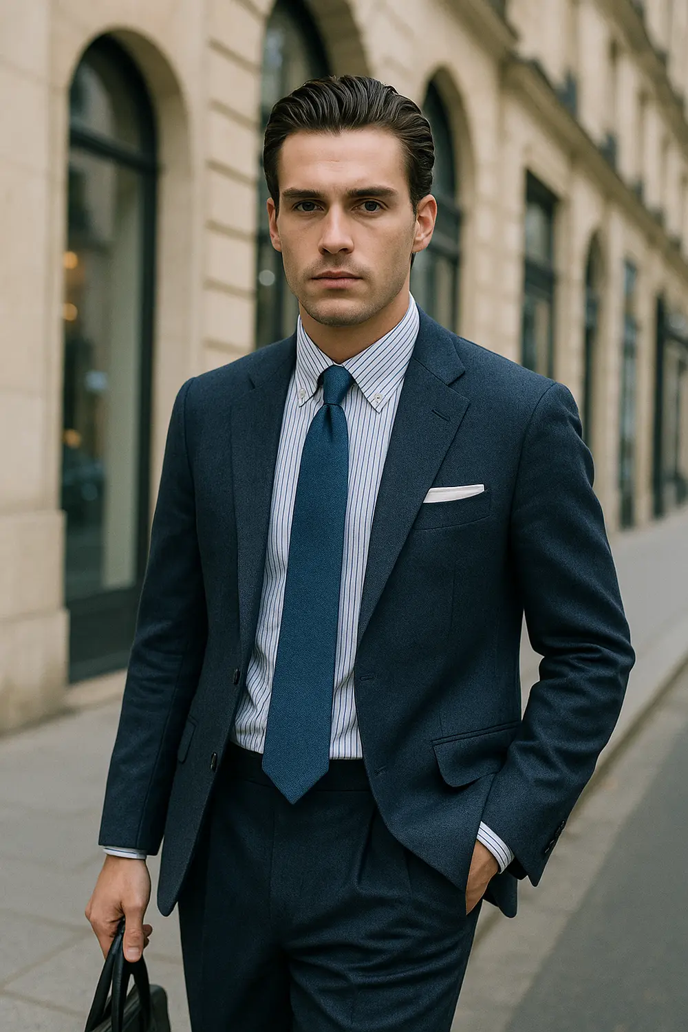 Stilsicher im Business: Gestreifte Hemden perfekt mit Krawatte kombinieren Eleganter Mann in europäischer Innenstadt mit dunkelblauem Anzug, gestreiftem Hemd und marineblauer Zeek & Fletcher Krawatte