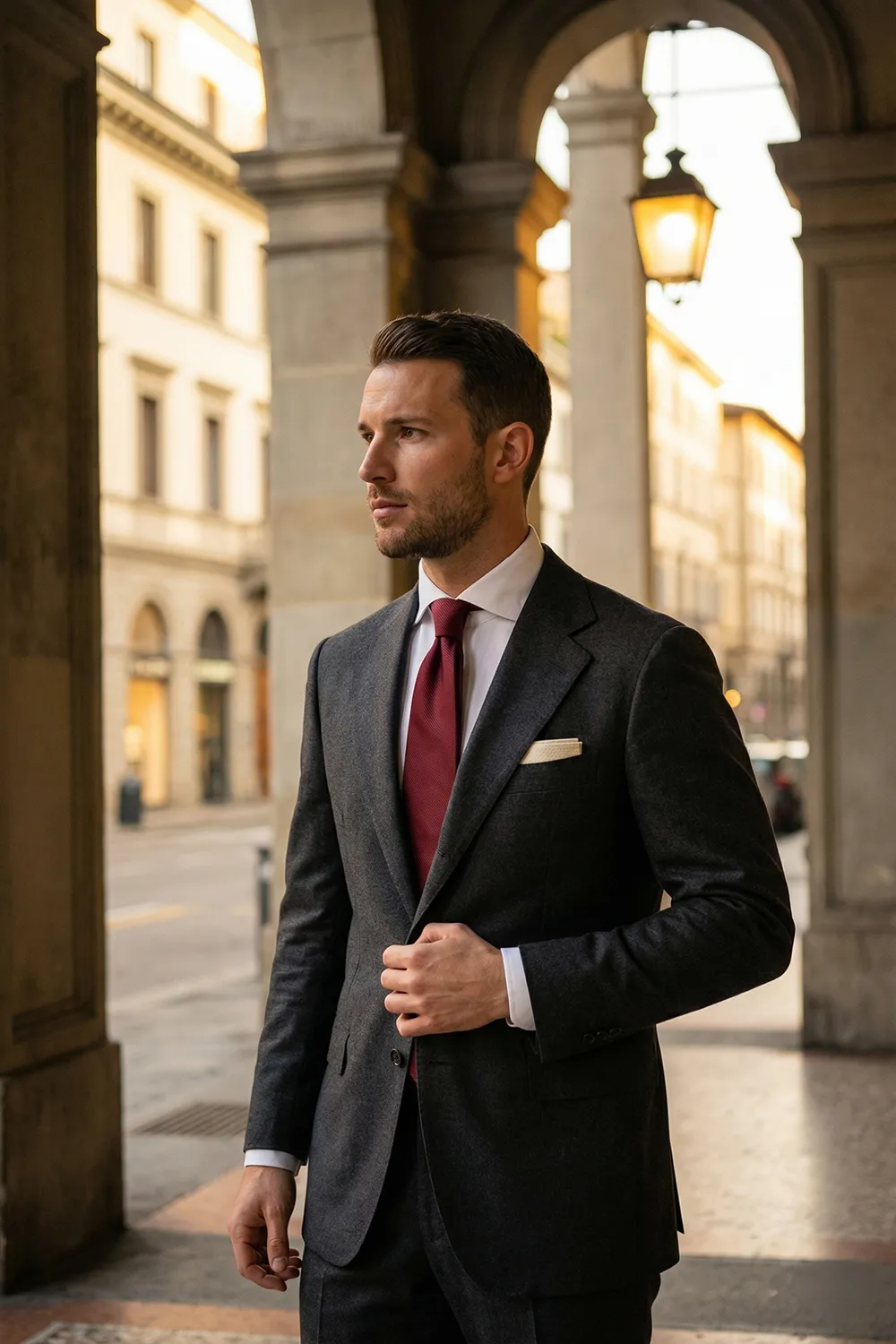 Stilvoller Business-Look: Grauer Anzug mit weinroter Zeek & Fletcher Krawatte Lookbook