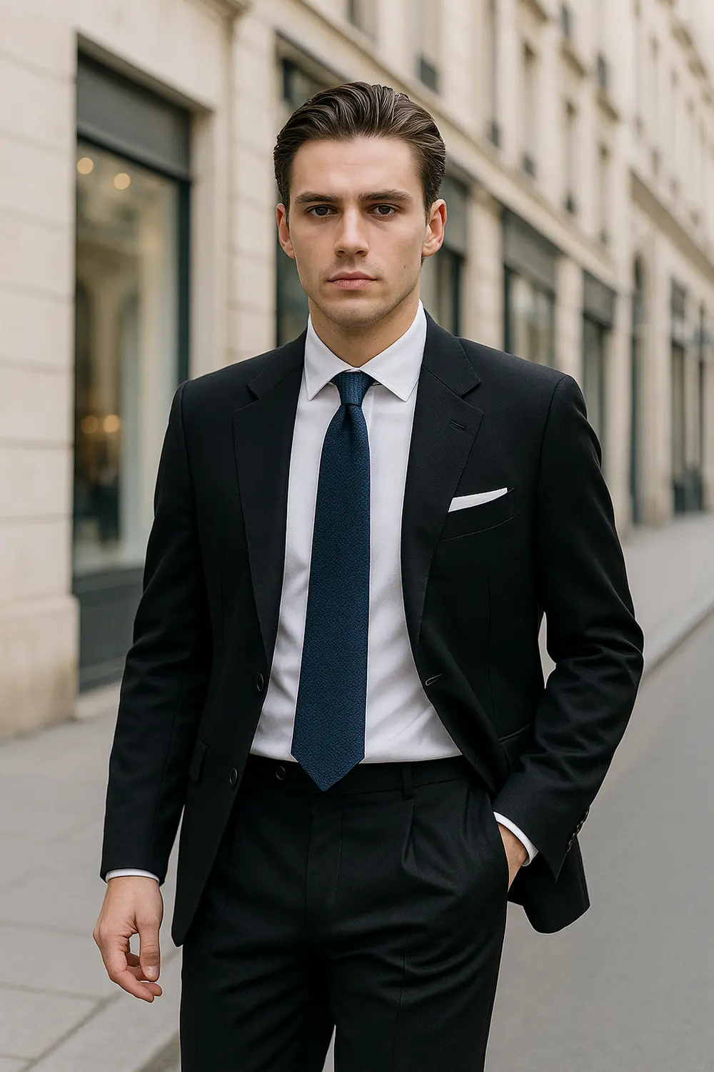 Eleganter Look: Schwarzer Anzug mit dunkelblauer Zeek & Fletcher Krawatte Mann im schwarzen Anzug mit dunkelblauer Seidenkrawatte und weißem Hemd in edler europäischer Innenstadt