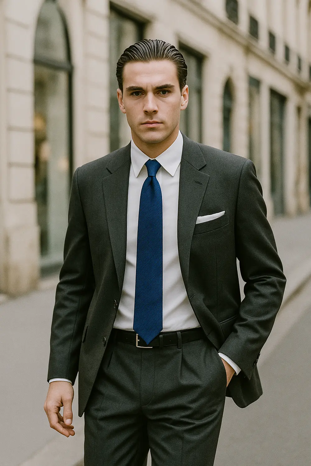 Stilvoller Business-Look: Grauer Anzug mit dunkelblauer Zeek & Fletcher Krawatte Eleganter Mann im dunkelgrauen Anzug mit weißem Hemd und dunkelblauer Zeek & Fletcher Krawatte in moderner Innenstadt