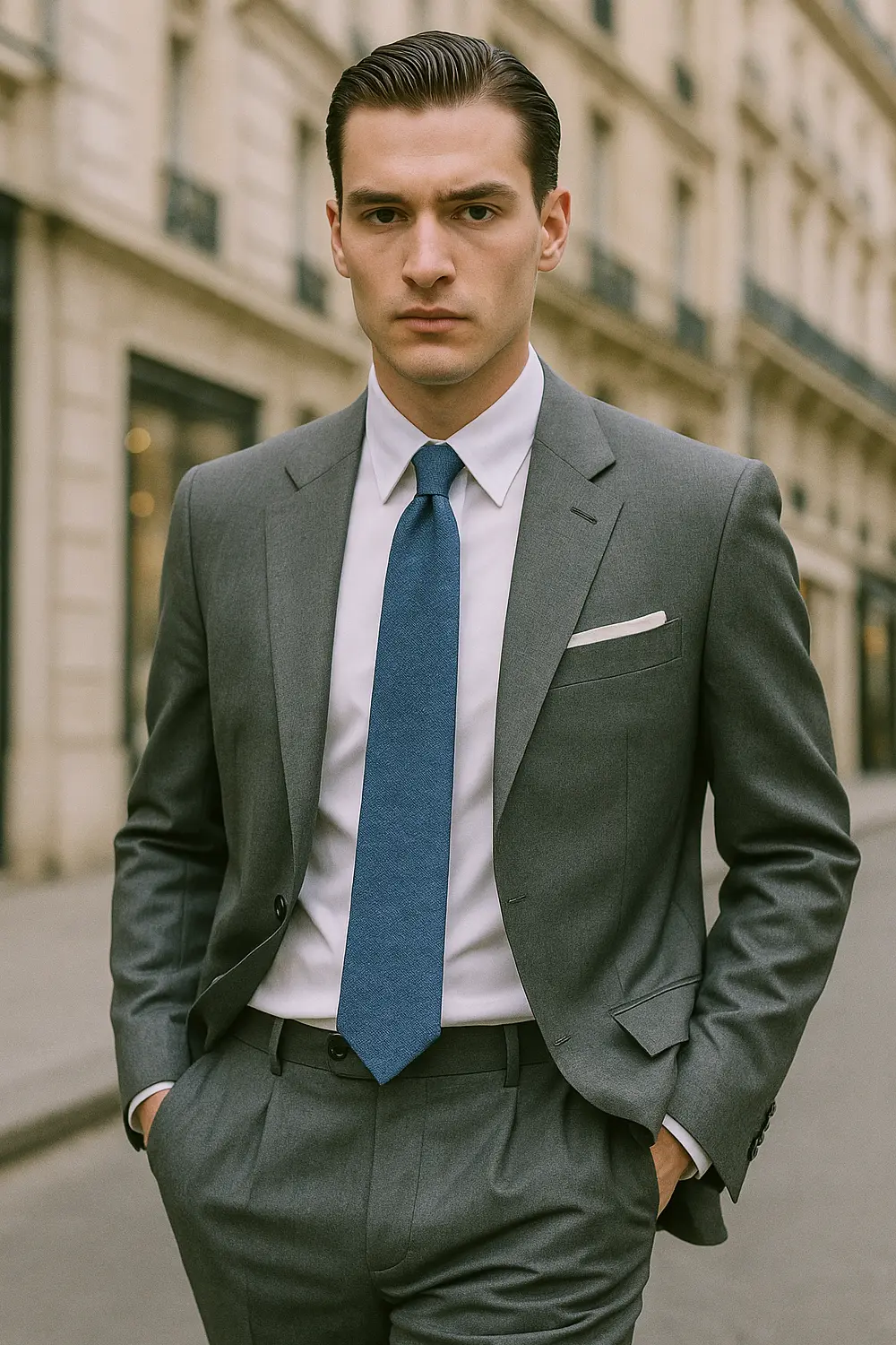 Grauer Anzug, weiße Eleganz & marineblaue Zeek & Fletcher Krawatte Stilvoller Mann im grauen Anzug mit marineblauer Zeek & Fletcher Krawatte und weißem Einstecktuch in hochwertiger Innenstadt