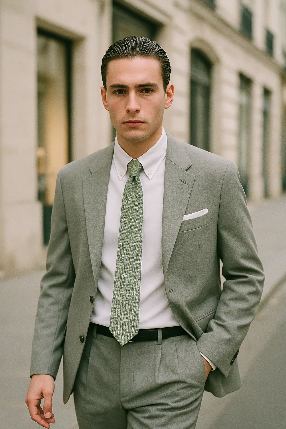 Stilvoll kombiniert: Mintgrüne Krawatte zum weißen Oxford-Hemd Eleganter Mann in hellgrauem Anzug mit mintgrüner Zeek & Fletcher Krawatte und weißem Oxford-Hemd in edler Innenstadt