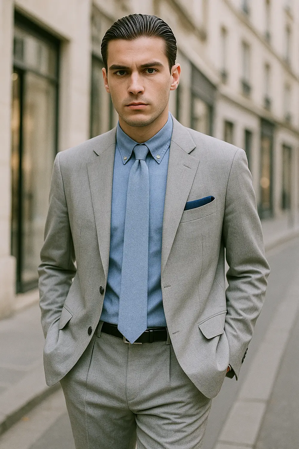 Stilvoller Mann im hellgrauen Anzug und mittelblauem Hemd mit blau-grauer Zeek & Fletcher Krawatte in eleganter Innenstadt