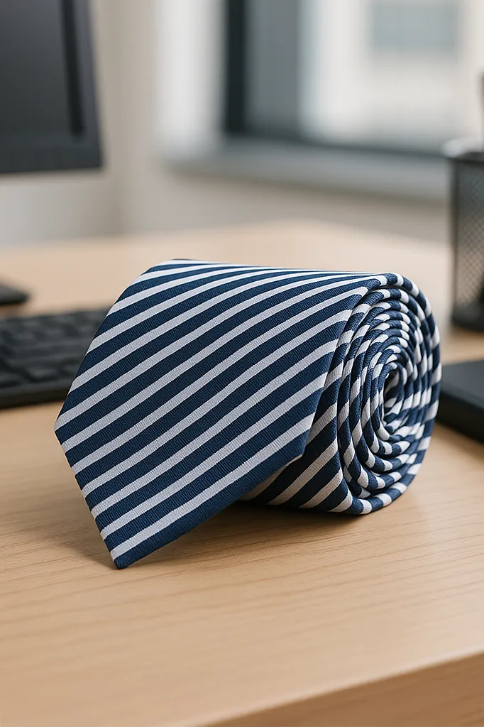 Aufgerollte Oxford Classics Krawatte, Marineblau gestreift, sorgfältig auf einem Schreibtisch platziert – bereit für den Business-Einsatz.