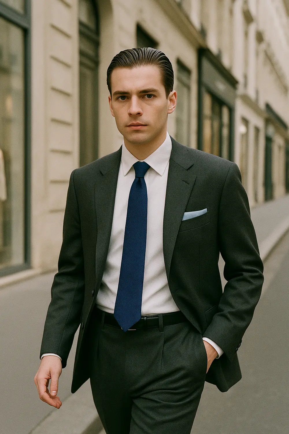 Stilsicherer Mann im dunkelgrauen Anzug mit dunkelblauer Zeek & Fletcher Krawatte und hellblauem Einstecktuch in eleganter Innenstadt