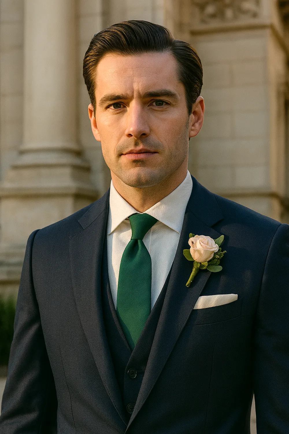 Eleganter Bräutigam in dunkelblauem Anzug mit dunkelgrüner Zeek & Fletcher Krawatte und champagnerfarbenem Einstecktuch in edler Innenstadt.