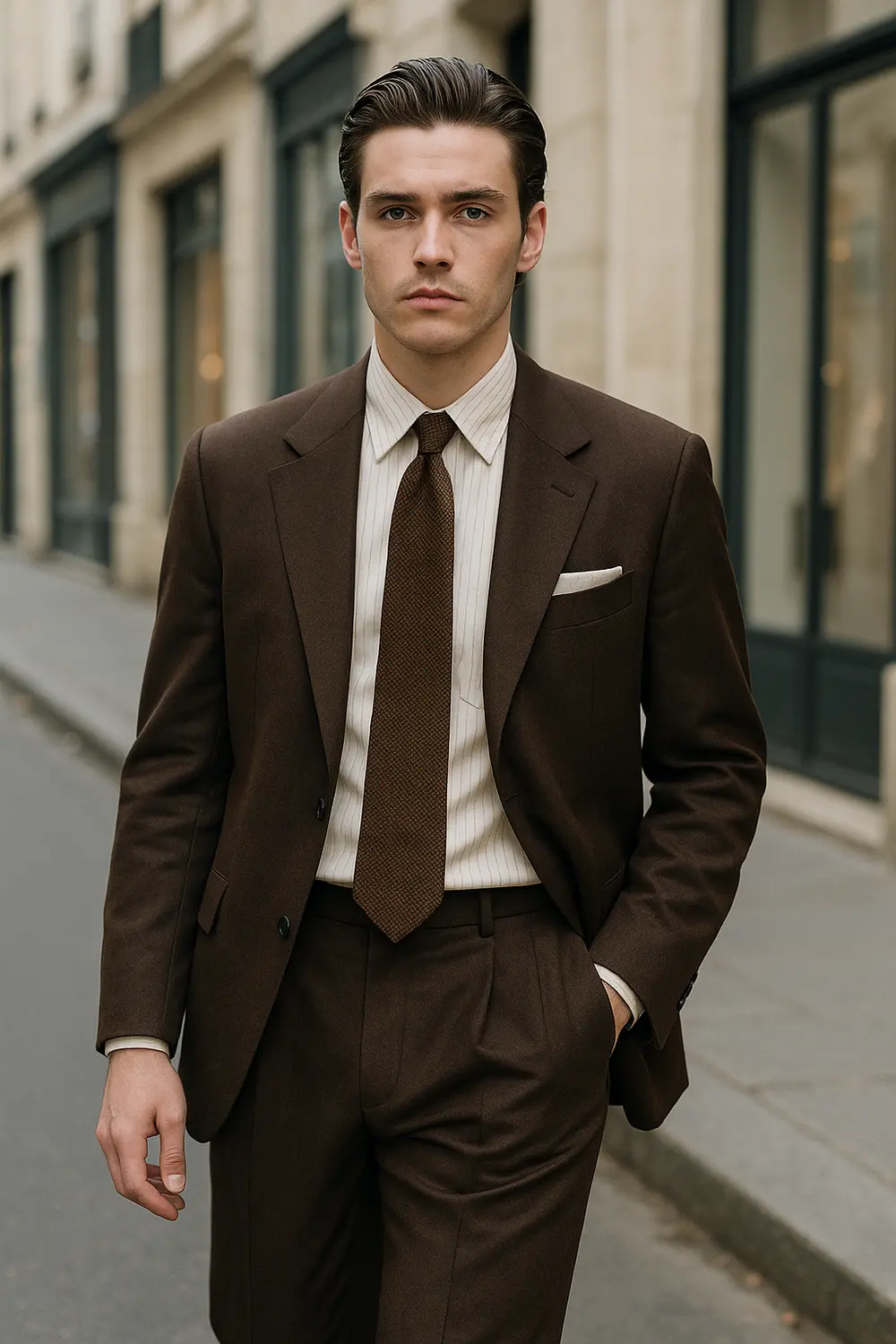 Eleganter Business-Look: Gestreiftes Hemd mit brauner Seidenkrawatte Stilvoller Mann im dunklen Anzug mit brauner Zeek & Fletcher Seidenkrawatte zu cremeweißem Streifenhemd in europäischer Innenstadt