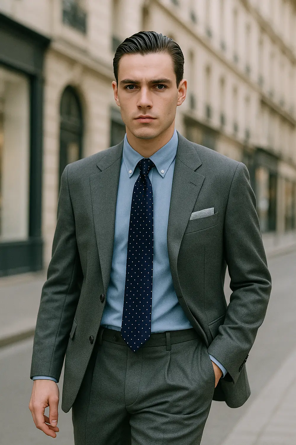 Stilvoller Mann im mittelgrauen Anzug mit hellblauem Hemd, marineblauer gepunkteter Krawatte und Einstecktuch in edler Innenstadt