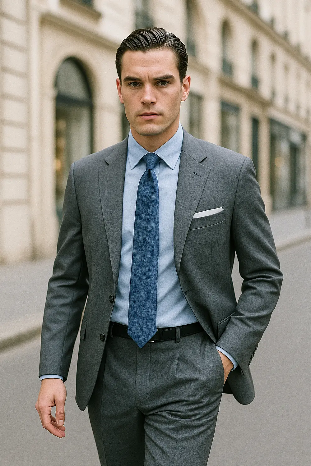Stilsicherer Mann im grauen Anzug mit hellblauem Hemd und marineblauer Zeek & Fletcher Krawatte in edler Innenstadt.