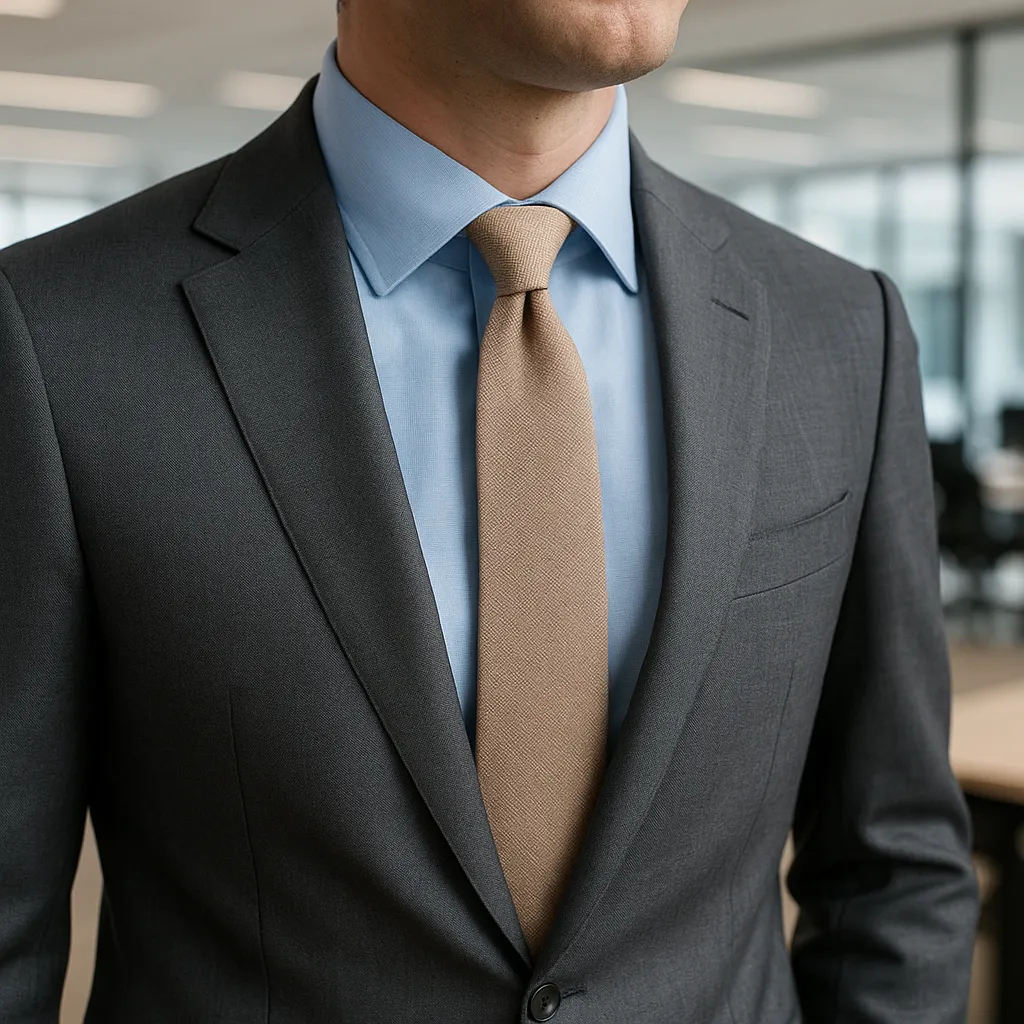 Sunlit Cotton Krawatte in Mokkabraun zu anthrazitfarbenem Anzug und hellblauem Hemd – matte Textur für Business-Casual.