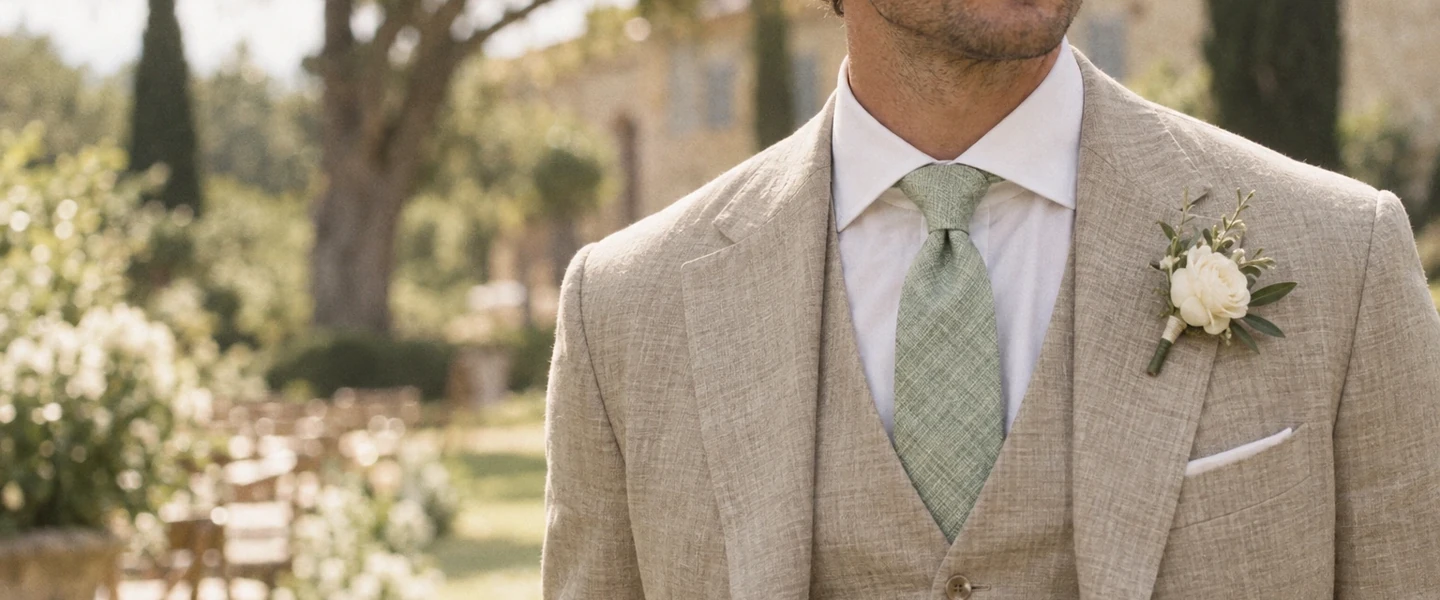 Bräutigam im sandfarbenen Leinen-Dreiteiler mit mintgrüner Sunlit-Cotton-Krawatte und Anstecker aus weißer Rose bei einer Gartenhochzeit
