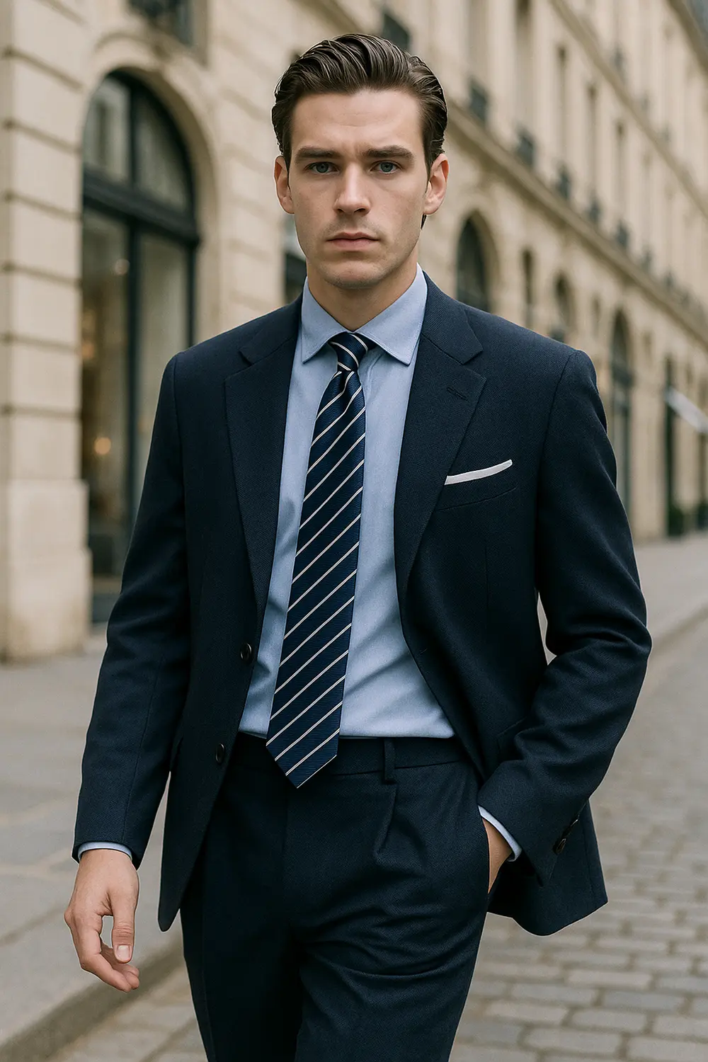 Elegantes Herren-Outfit mit dunkelblauem Anzug, hellblauem Hemd und gestreifter Zeek & Fletcher Marine-Krawatte in europäischer Innenstadt