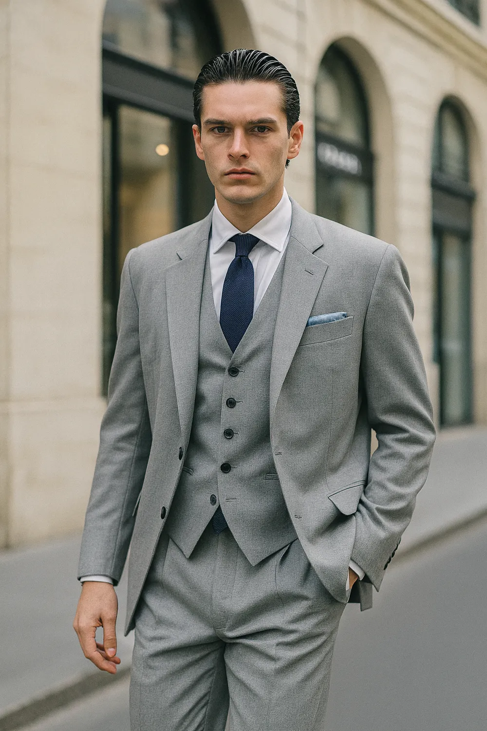 Stilvoller Mann im hellgrauen Anzug mit dunkelblauer Zeek & Fletcher Seidenkrawatte in europäischer Innenstadt