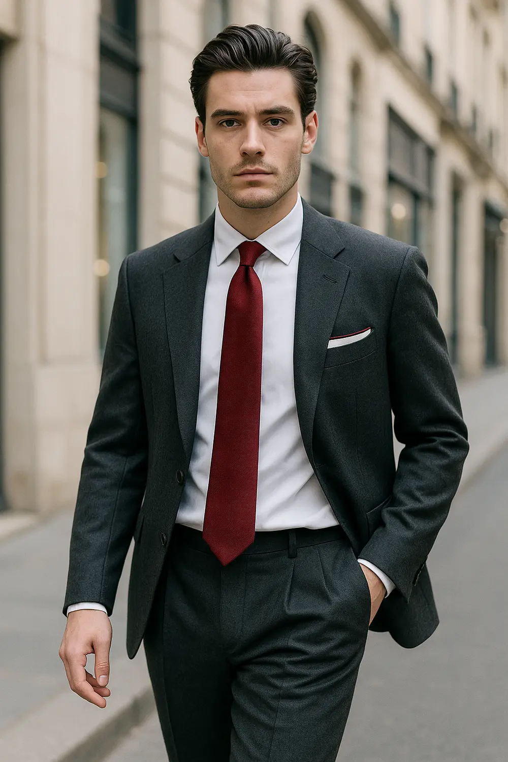 Mann im dunkelgrauen Flanellanzug mit weinroter Zeek & Fletcher Krawatte, weißem Hemd und Einstecktuch in eleganter europäischer Innenstadt