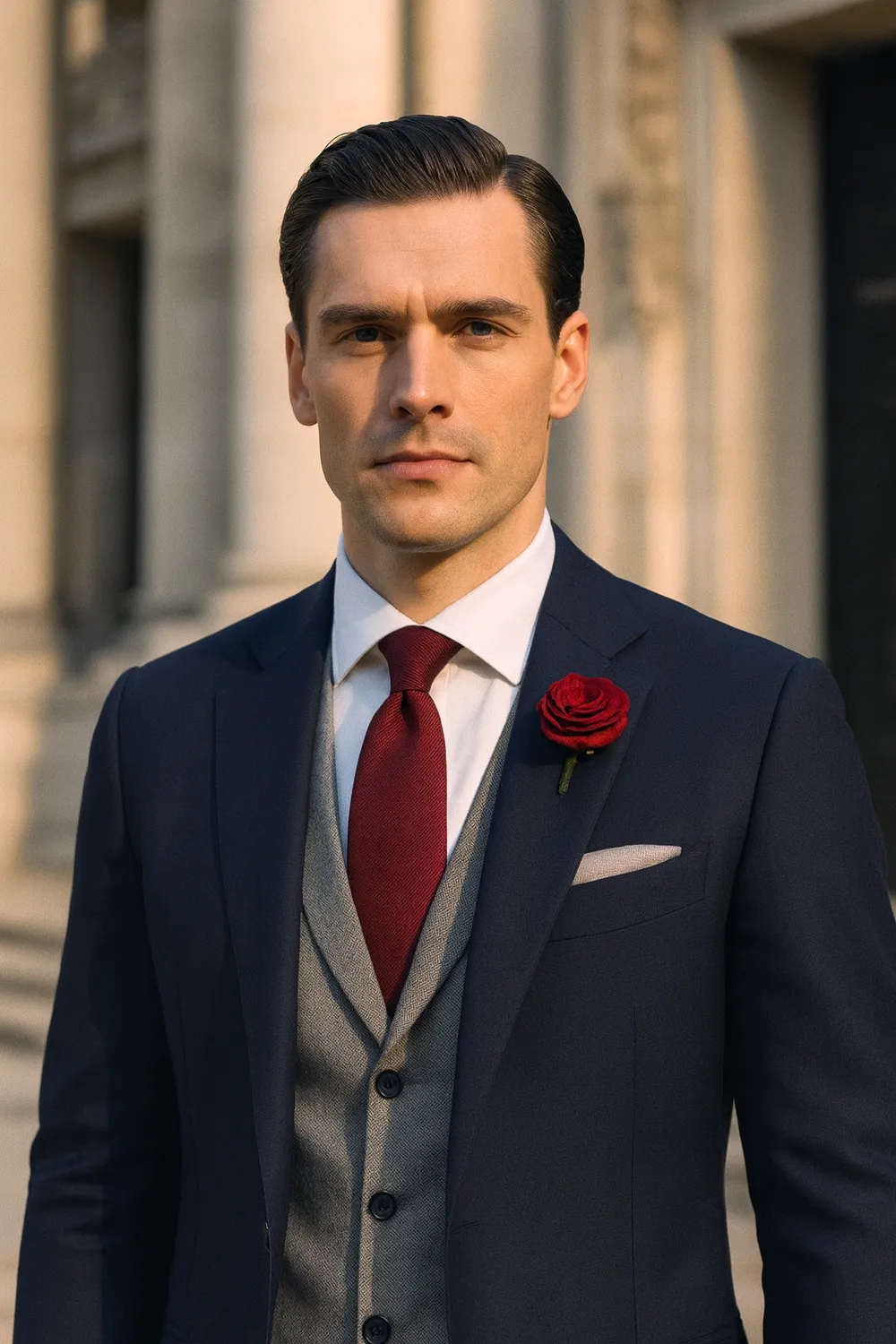 Bräutigam mit weinroter Krawatte: moderner Hochzeitslook in der City Stilvoller Bräutigam in nachtblauem Anzug mit weinroter Zeek & Fletcher Krawatte und grauem Einstecktuch in edler Innenstadt