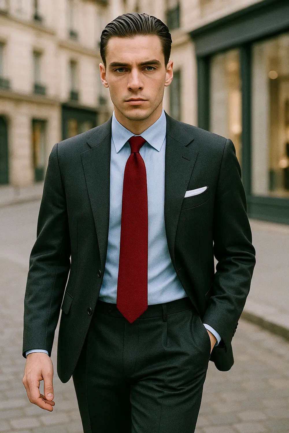 Stilsicherer Mann im dunkelgrauen Anzug mit weinroter Zeek & Fletcher Krawatte und hellblauem Hemd in edler Innenstadt