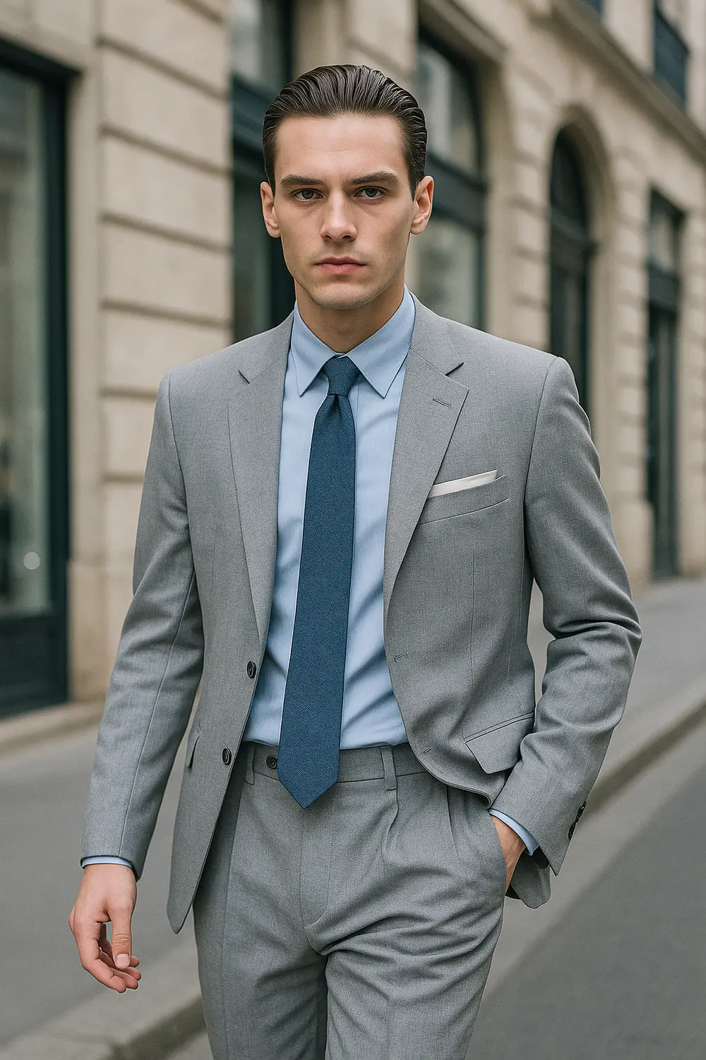 Stilvoller Business-Look: Hellgrauer Anzug mit marineblauer Zeek & Fletcher Krawatte Mann im hellgrauen Slim-Fit-Anzug mit marineblauer Zeek & Fletcher Krawatte in eleganter europäischer Innenstadt