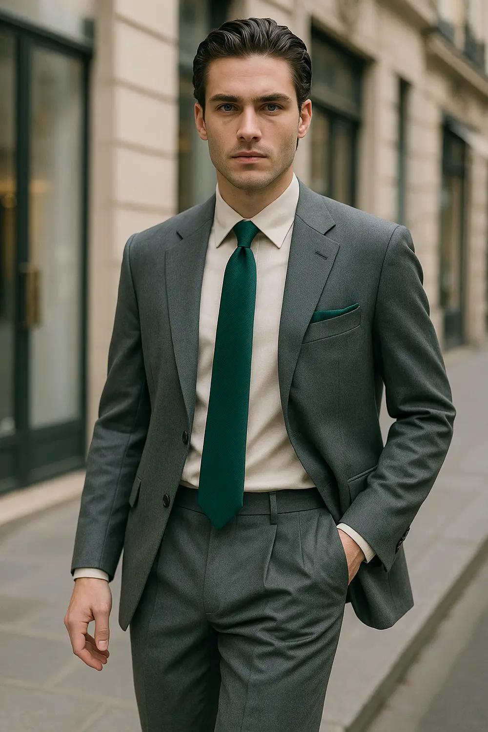 Eleganter Mann im mittelgrauen Anzug mit dunkelgrüner Zeek & Fletcher Krawatte und Einstecktuch in europäischer Innenstadt.