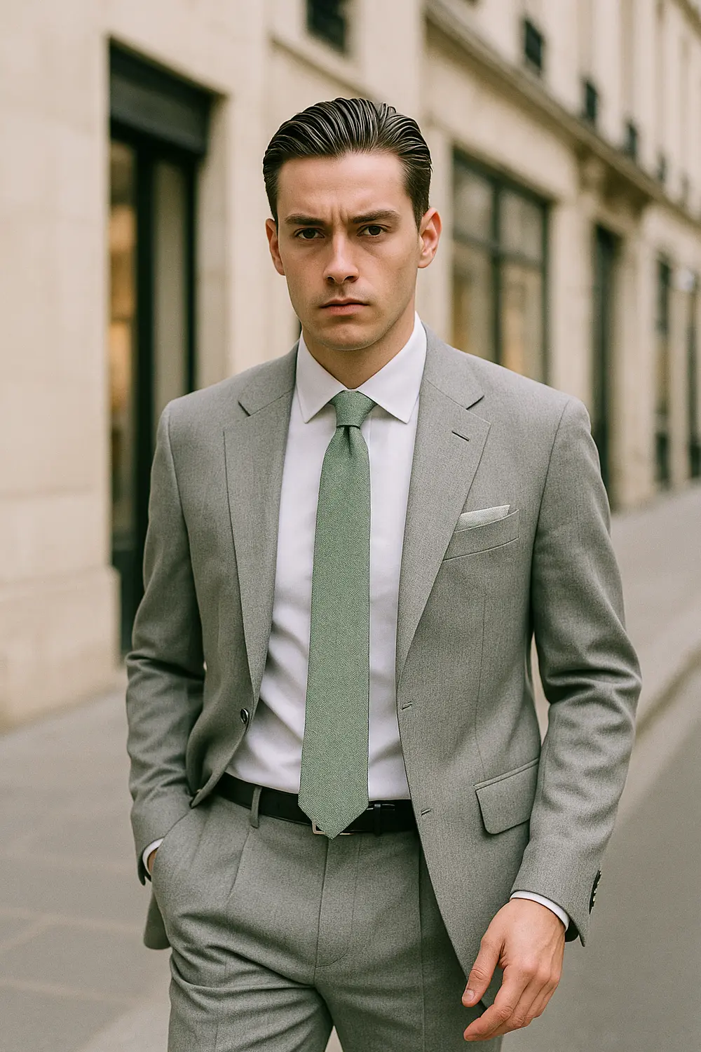 Eleganter Business-Look: Grauer Anzug mit mintgrüner Zeek & Fletcher Krawatte Stilsicherer Mann im hellgrauen Anzug mit mintgrüner Zeek & Fletcher Krawatte und weißem Hemd in hochwertiger Innenstadt