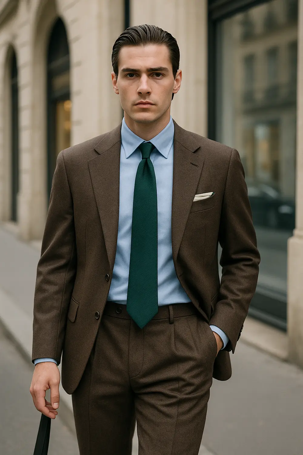 Brauner Anzug & dunkelgrüne Krawatte – stilvoller City-Look Eleganter Mann im mittelbraunen Anzug mit dunkelgrüner Zeek & Fletcher Krawatte in europäischer Innenstadt