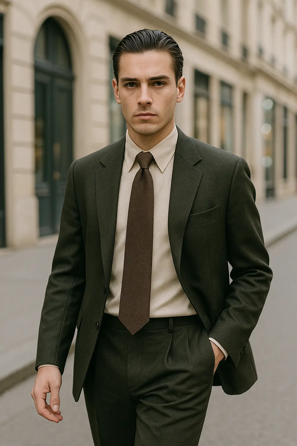 Stilsicher im grünen Anzug: Braun gestreifte Zeek & Fletcher Krawatte Eleganter Mann im dunkelgrünen Anzug mit brauner Zeek & Fletcher Krawatte Noble Lines in hochwertiger europäischer Innenstadt