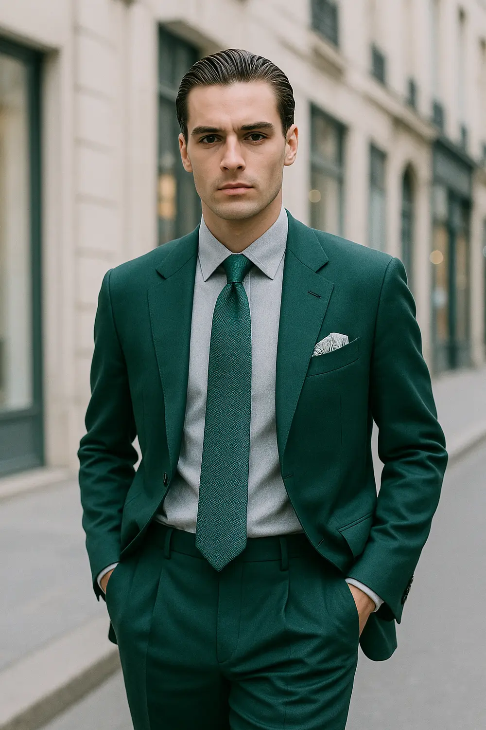 Grüner Anzug stilvoll kombiniert: Zeek & Fletcher Krawatte Eleganter Mann im smaragdgrünen Anzug mit dunkelgrüner Zeek & Fletcher Krawatte in hochwertiger europäischer Innenstadt.