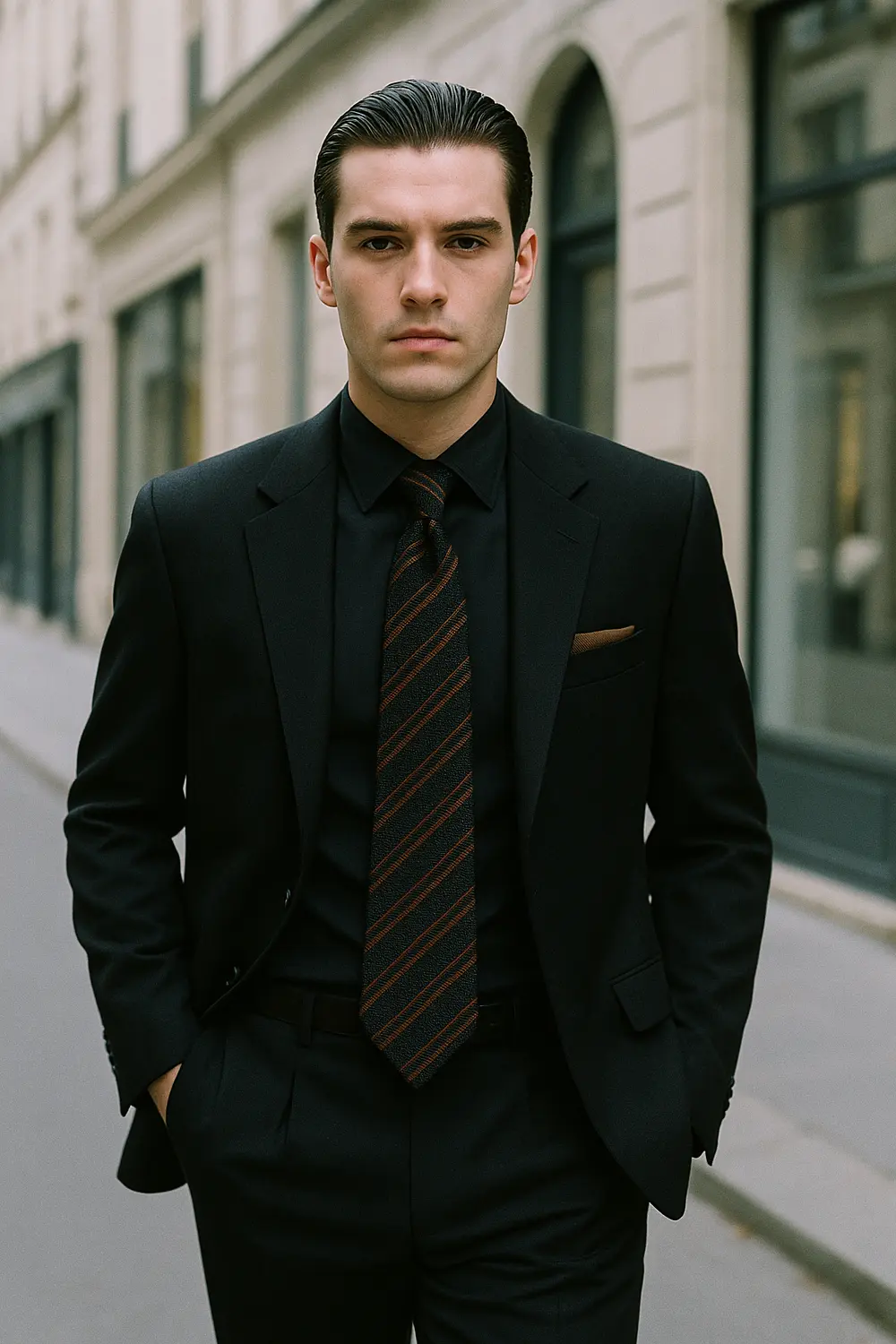 Eleganter Look: Schwarzer Anzug, schwarze Krawatte mit braunen Akzenten Mann im schwarzen Anzug und schwarzem Hemd mit schwarz-brauner Zeek & Fletcher Krawatte in edler europäischer Innenstadt