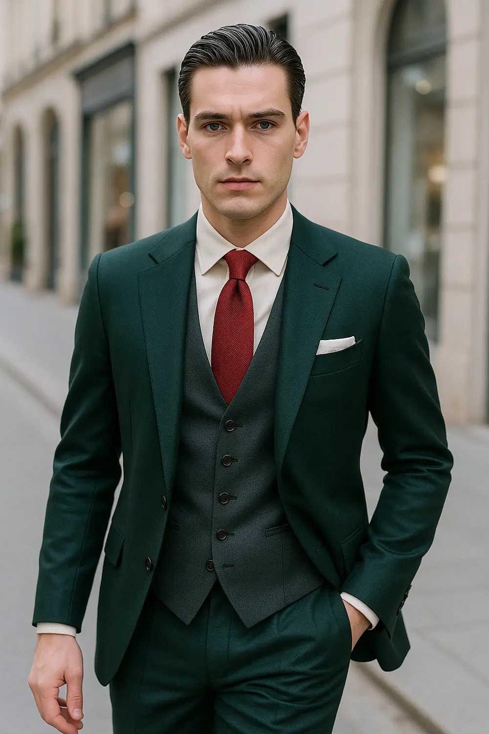 Eleganter Look: Grüner Anzug mit weinroter Seidenkrawatte kombinieren Stilvoller Mann im tiefgrünen Anzug mit weinroter Seidenkrawatte und elfenbeinfarbenem Hemd in europäischer Altstadt