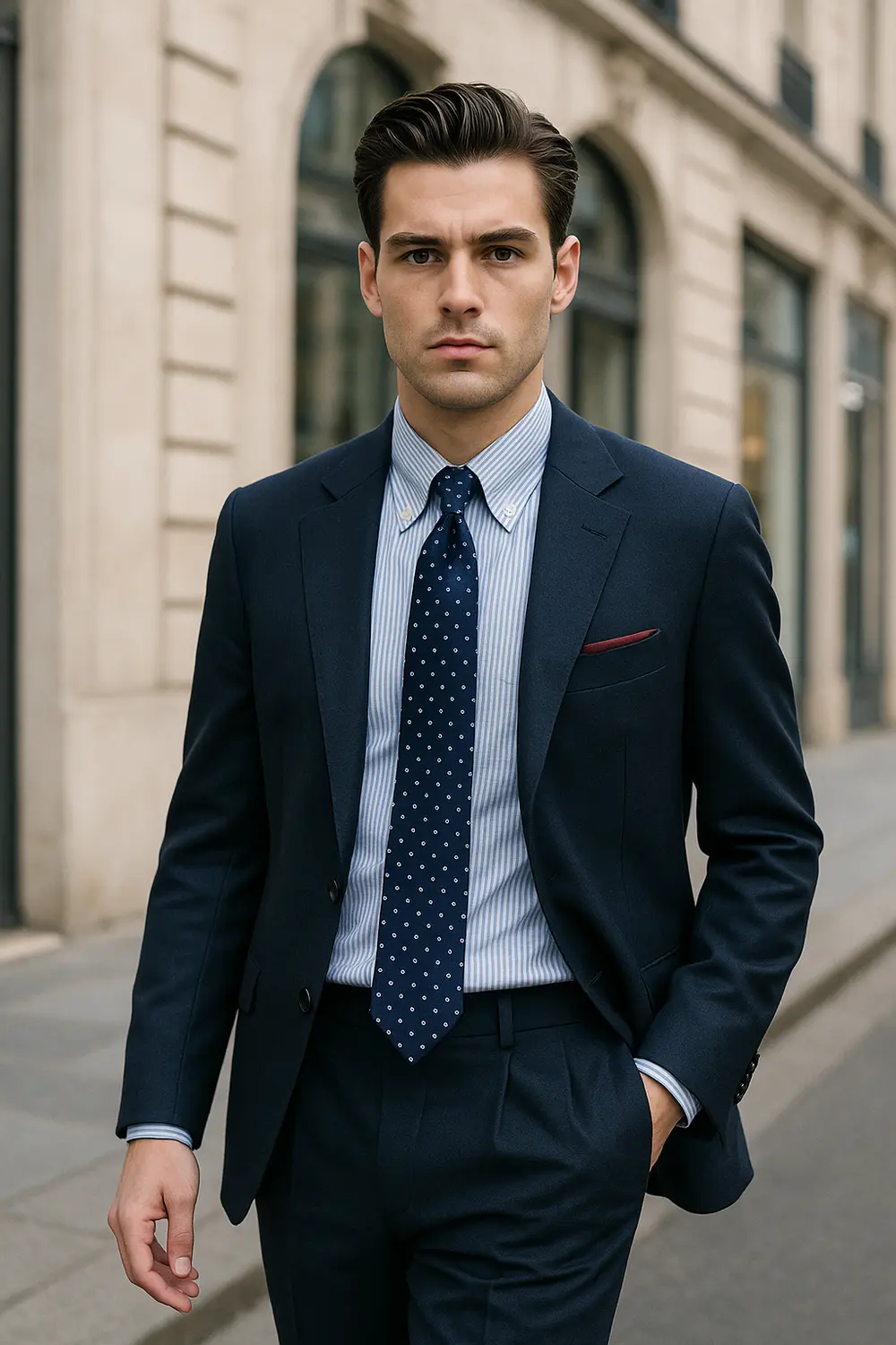 Gestreiftes Hemd perfekt kombiniert: Navy-Anzug & Oxford-Krawatte Stilvoller Mann im Navy-Anzug mit hellblau gestreiftem Hemd, marineblauer Oxford-Krawatte und weinrotem Einstecktuch in eleganter Innenstadt.