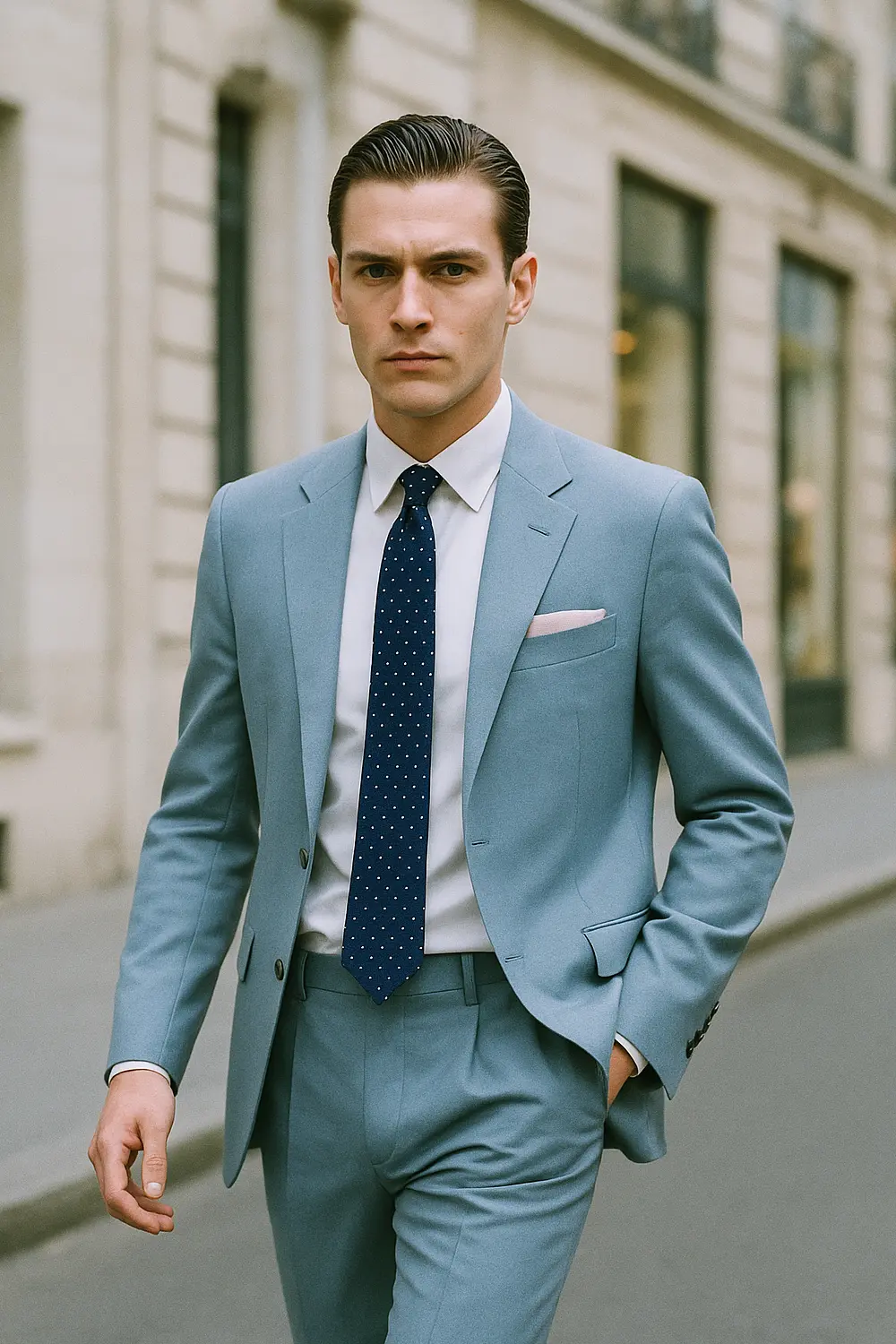 Stilvoller Business-Look: Hellblauer Anzug mit marineblauer Punktkrawatte Eleganter Mann im hellblauen Anzug mit marineblauer Zeek & Fletcher Punktkrawatte und roséfarbenem Einstecktuch in hochwertiger Innenstadt