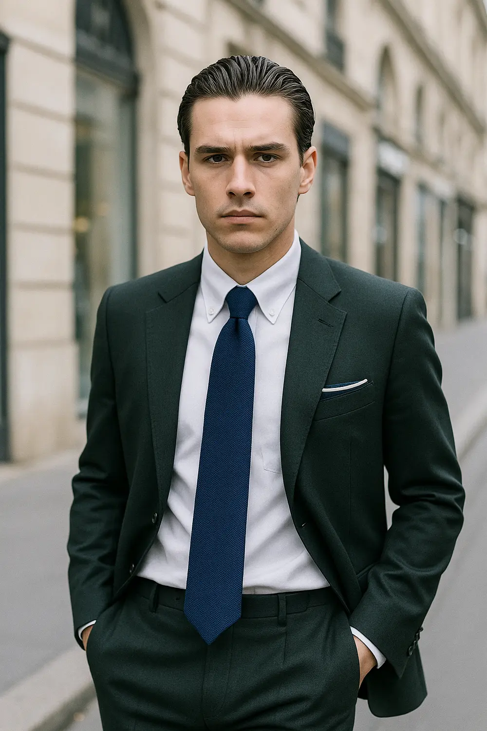 Eleganter Look: Dunkelgrüner Anzug mit dunkelblauer Zeek & Fletcher Krawatte Mann im dunkelgrünen Anzug mit dunkelblauer Zeek & Fletcher Krawatte und Einstecktuch in eleganter europäischer Innenstadt.