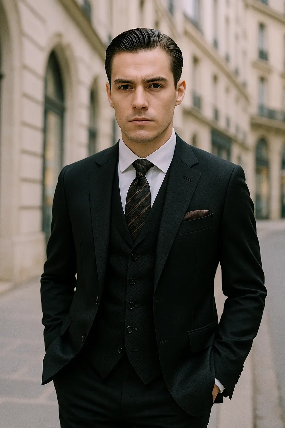 Eleganter Business-Look mit schwarzer Zeek & Fletcher Krawatte Stilvoller Mann im schwarzen Anzug mit Zeek & Fletcher Ornamental Weave Krawatte in Schwarz-Braun in edler Innenstadt.