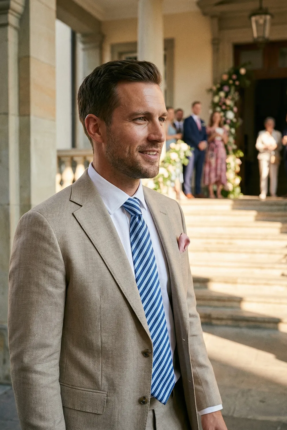 Eleganter Look: Beiger Anzug mit hellblauer Zeek & Fletcher Krawatte Lookbook