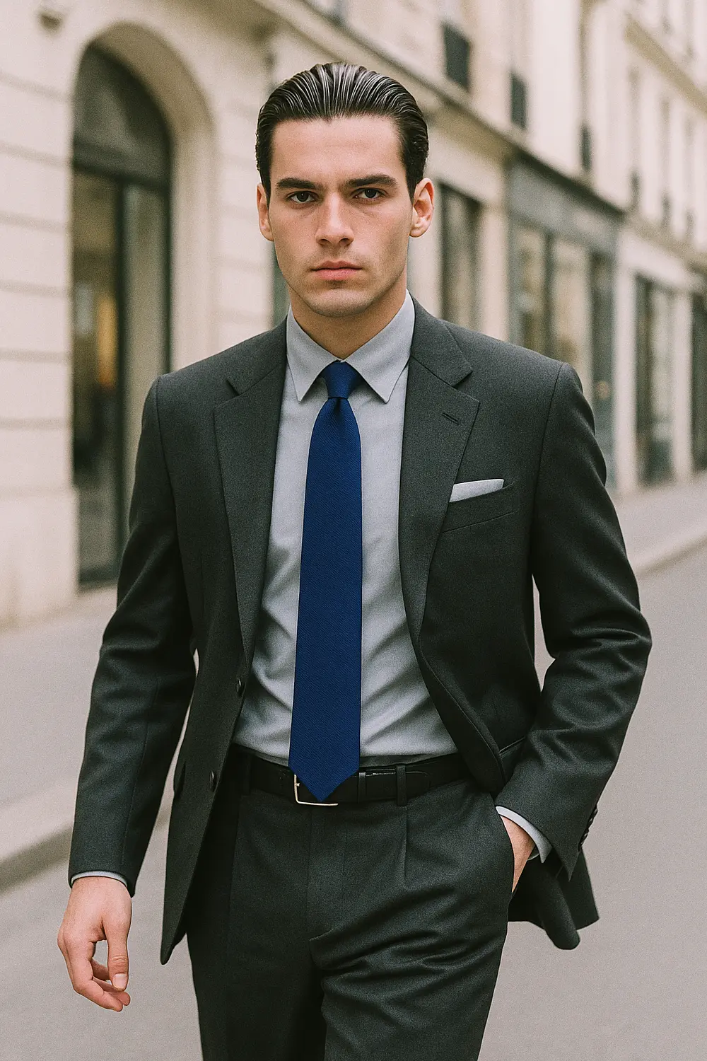 Eleganter Business-Look: Dunkelblaue Krawatte in der City Stilvoller Business-Look mit dunkelblauer Zeek & Fletcher Krawatte, anthrazitfarbenem Anzug und hellgrauem Hemd in der Innenstadt