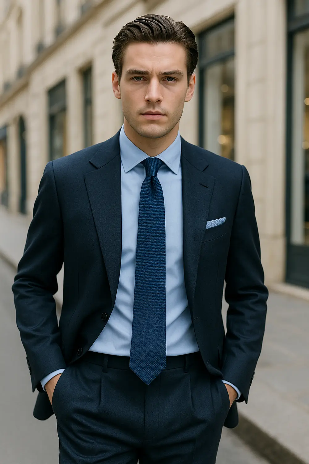 Eleganter Business-Look: Dunkelblauer Anzug & Zeek & Fletcher Krawatte Stilvoller Mann im dunkelblauen Anzug und hellblauem Hemd mit dunkelblauer Zeek & Fletcher Seidenkrawatte in europäischer Innenstadt