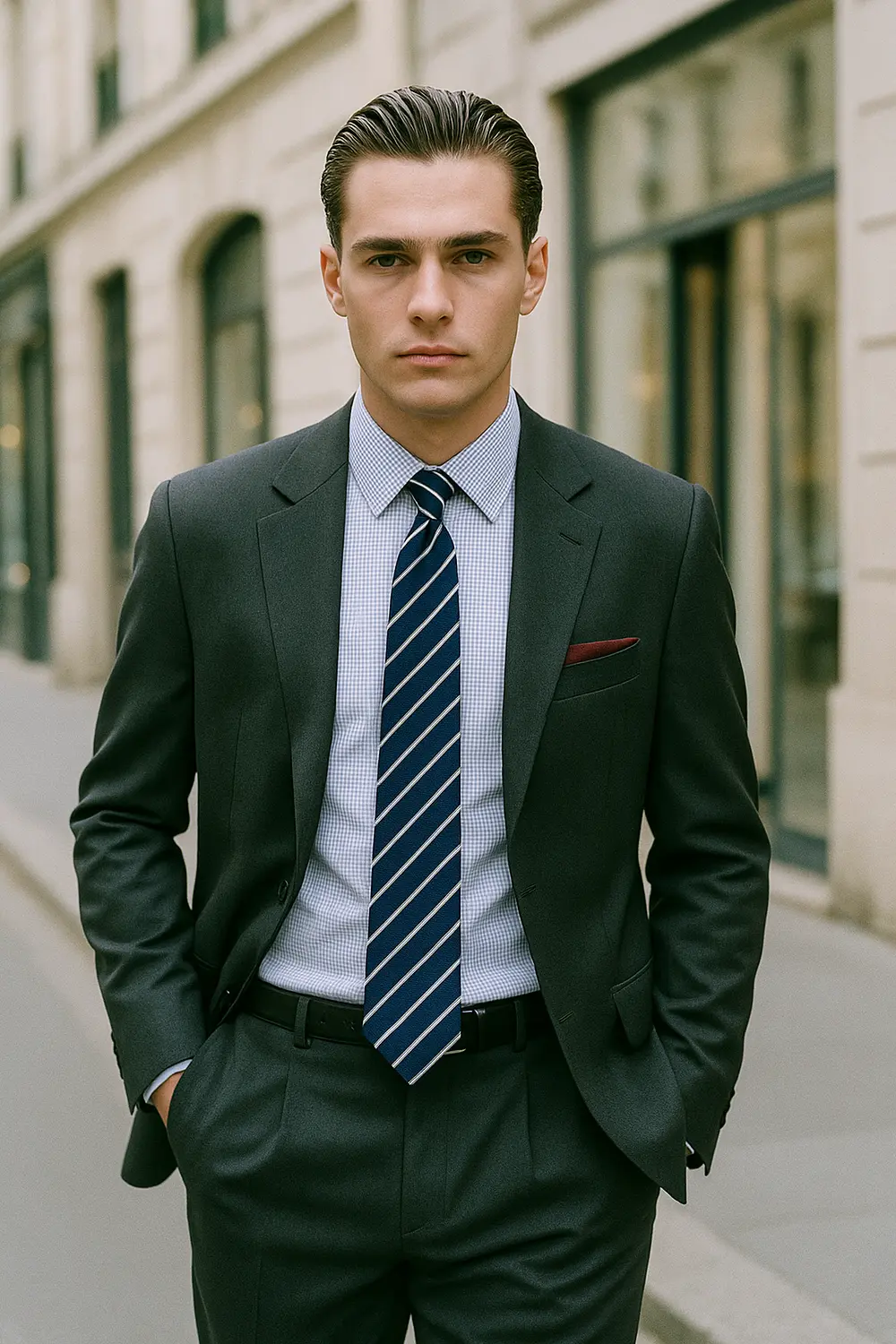 Eleganter Business-Look: Marineblaue Krawatte zum karierten Hemd kombinieren Stilvoller Mann im anthrazitfarbenen Anzug mit marineblauer Streifenkrawatte und fein kariertem Businesshemd in der Innenstadt