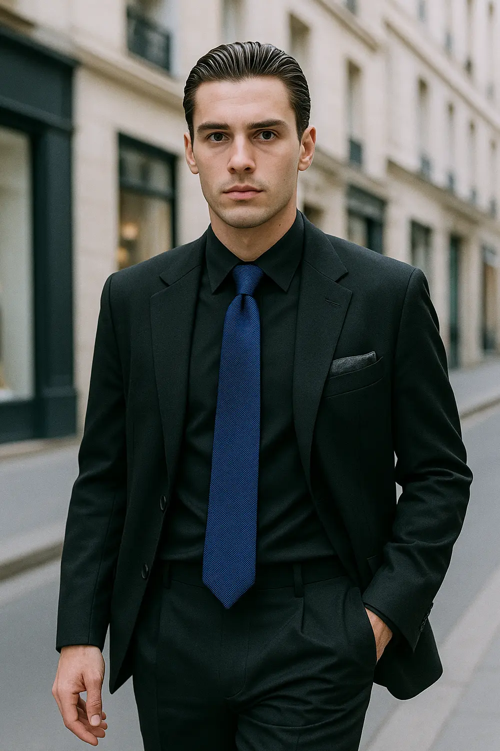 Eleganter Look: Schwarzer Anzug mit dunkelblauer Zeek & Fletcher Krawatte Mann im schwarzen Anzug und schwarzem Hemd mit dunkelblauer Zeek & Fletcher Krawatte in europäischer Innenstadt