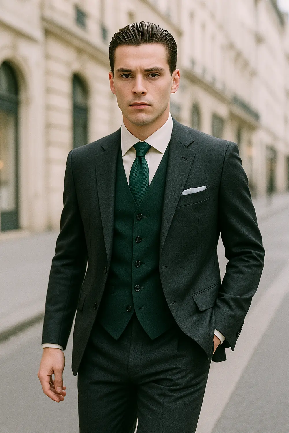 Elegant gekleideter Mann im dunkelgrauen Anzug mit dunkelgrüner Zeek & Fletcher Krawatte in hochwertiger Innenstadt