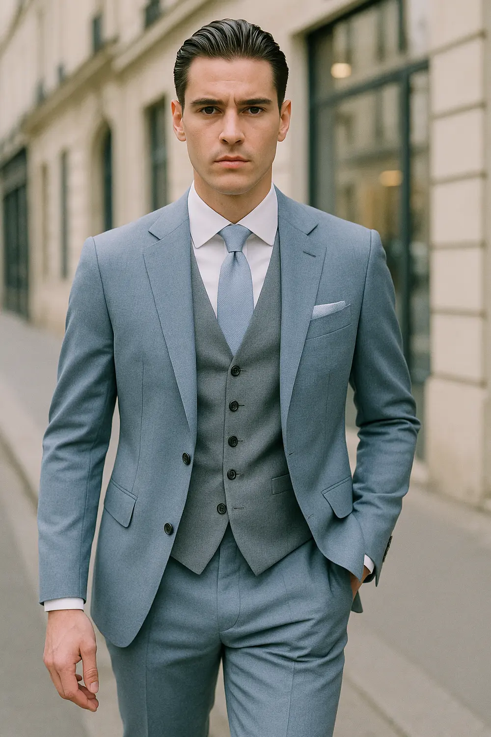 Eleganter Business-Look: Hellblauer Anzug mit Zeek & Fletcher Krawatte Stilvoller Mann im hellblauen Anzug mit blau-grauer Zeek & Fletcher Krawatte und hellgrauem Einstecktuch in moderner Innenstadt