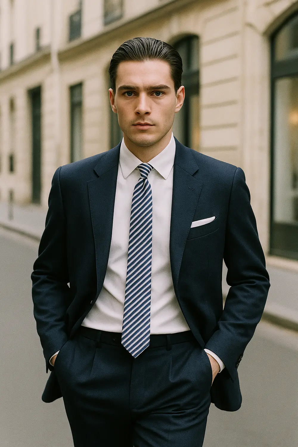 Stilvoller Business-Look mit hellblauer Streifenkrawatte Mann im dunkelblauen Anzug mit hellblauer Streifenkrawatte von Zeek & Fletcher in eleganter Innenstadt.