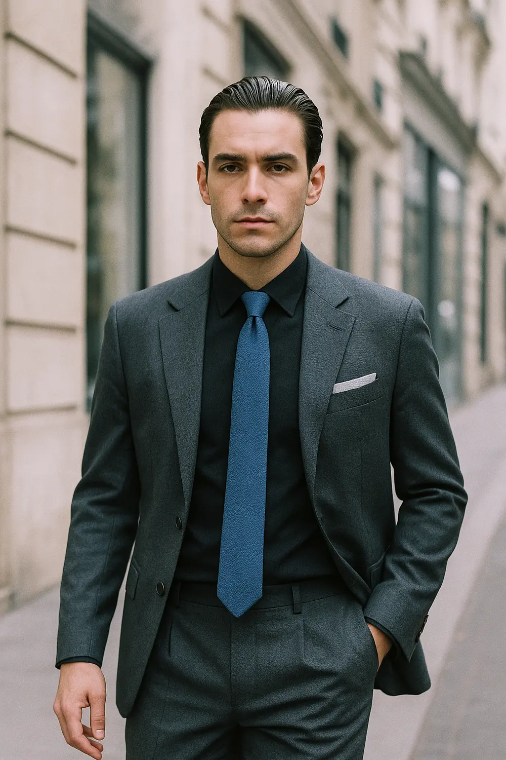 Eleganter Business-Look: grauer Anzug & marineblaue Krawatte Stilvoller Mann im grauen Anzug mit schwarzem Hemd und marineblauer Zeek & Fletcher Krawatte in europäischer Innenstadt.