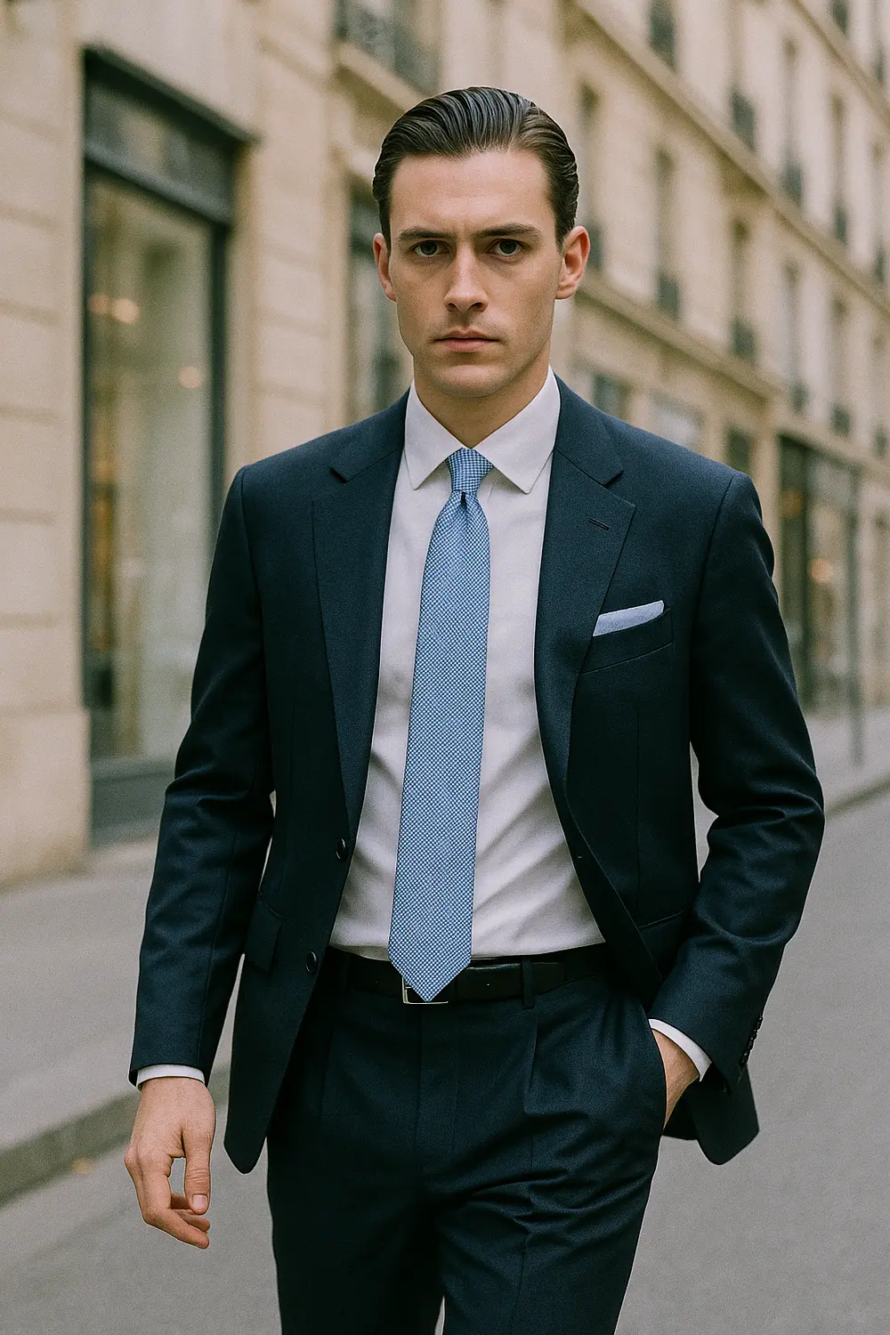 Hochzeitsgast mit hellblauer Premium-Krawatte in der City Stilvoller Hochzeitsgast im marineblauen Anzug mit hellblauer gepunkteter Zeek & Fletcher Krawatte in eleganter Innenstadt.