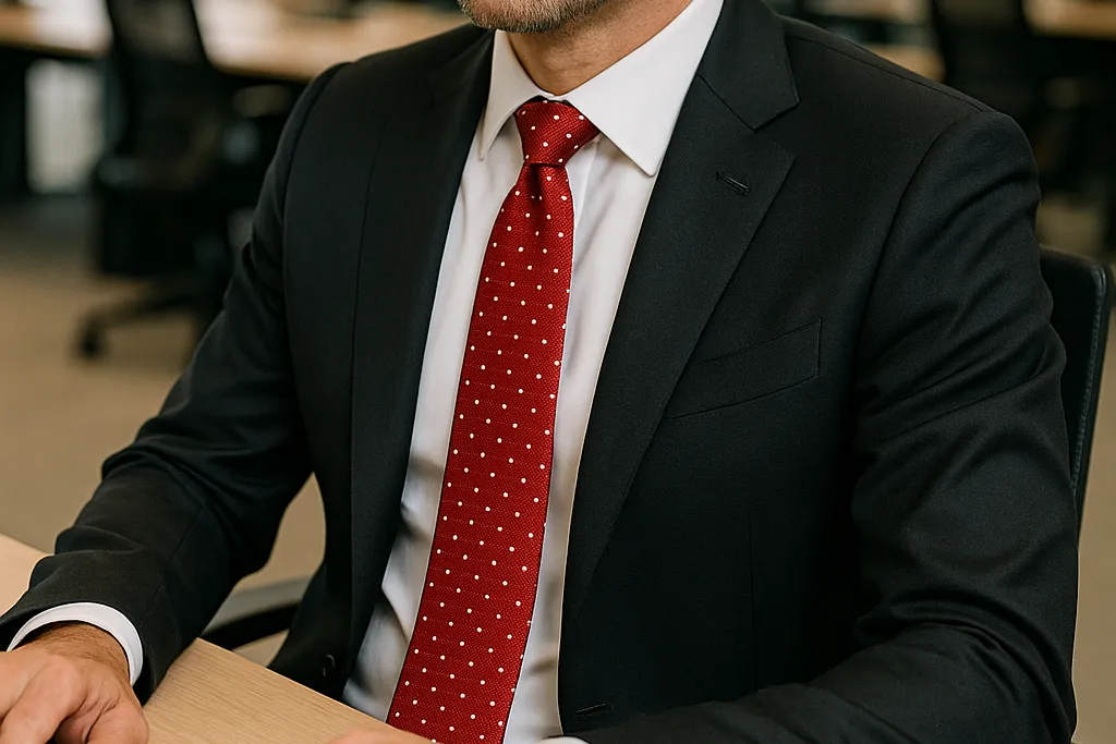 Oxford Classics Krawatte Rot gepunktet zum schwarzen Anzug am Schreibtisch – dezenter Akzent im professionellen Umfeld.