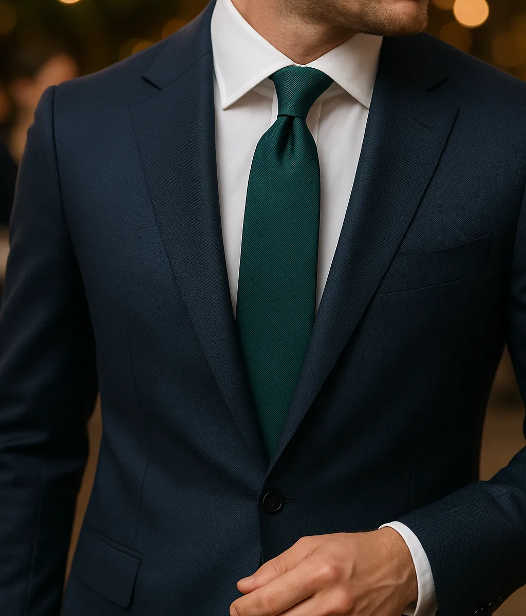 Dunkelblauer Anzug mit weißem Hemd und dunkelgrüner Krawatte aus der Kollektion Noble Lines, getragen im eleganten Business-Stil.