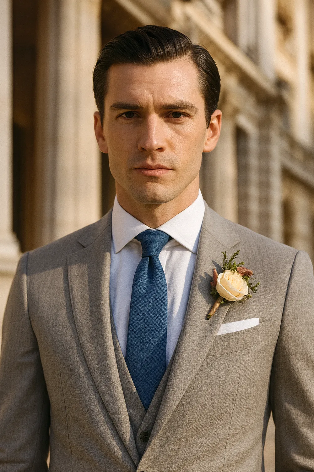 Eleganter Bräutigam-Look in hellgrauem Anzug mit marineblauer Zeek & Fletcher Krawatte, weißem Hemd und Einstecktuch in edler Innenstadt.