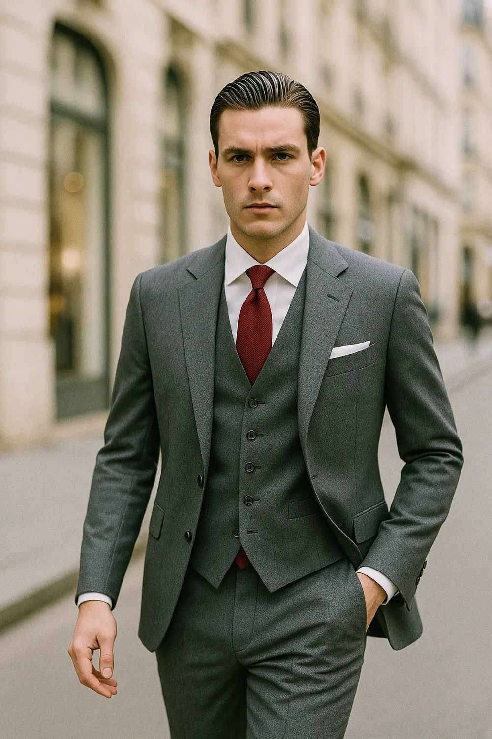 Stilvoller Business-Look: Grauer Anzug mit weinroter Zeek & Fletcher Krawatte Eleganter Mann im grauen Anzug mit weinroter Zeek & Fletcher Krawatte und cremefarbenem Einstecktuch in hochwertiger Innenstadt