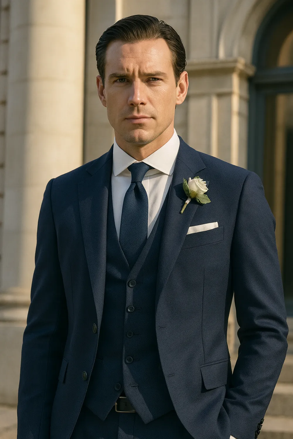 Bräutigam-Stil mit dunkelblauer Seidenkrawatte in der City Eleganter Bräutigam mit dunkelblauer Seidenkrawatte und mitternachtsblauem Anzug in urbaner Innenstadt-Szenerie