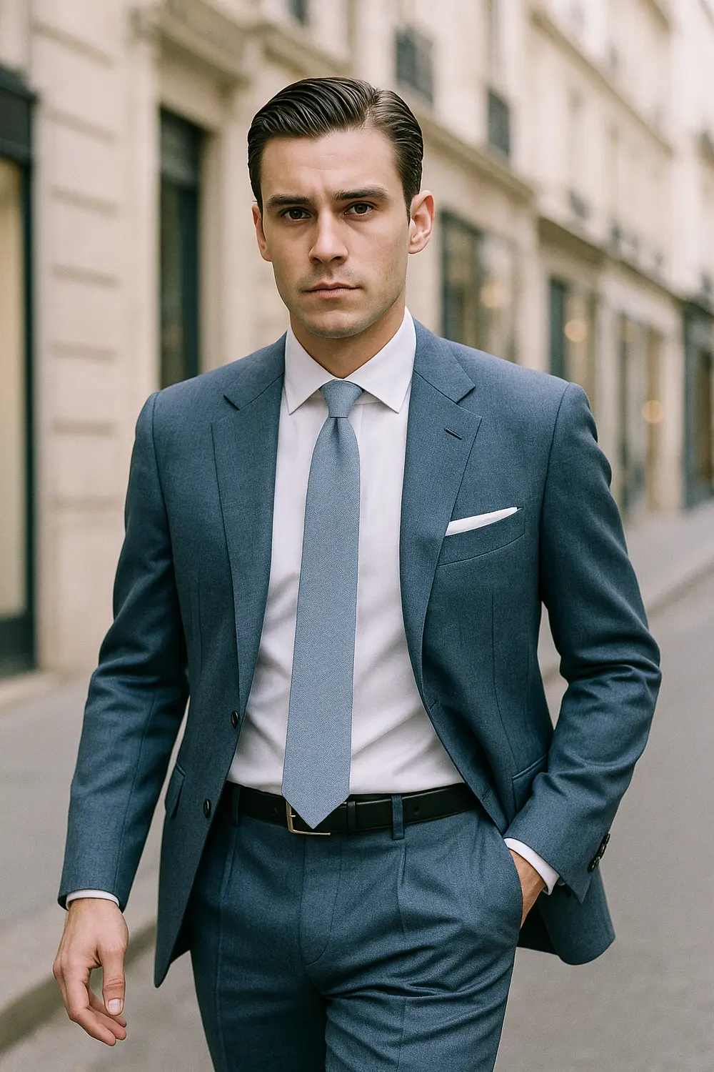 Stilvoller Hochzeitsgast mit blauer Krawatte in eleganter Innenstadt Stilsicherer Hochzeitsgast im mittelblauen Anzug mit Zeek & Fletcher Sunlit Cotton Blau-Grau Krawatte in edler Innenstadt